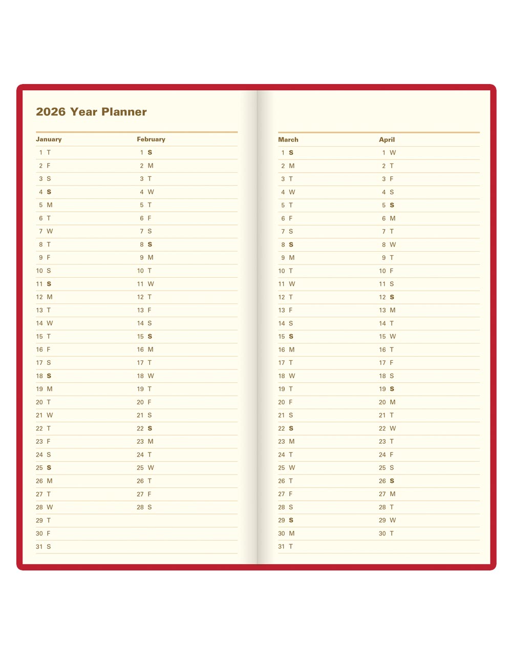 Letts of London Signature Slim Week to View Leather Diary with Planners 2026 - English 26-C38SUBY #color_red