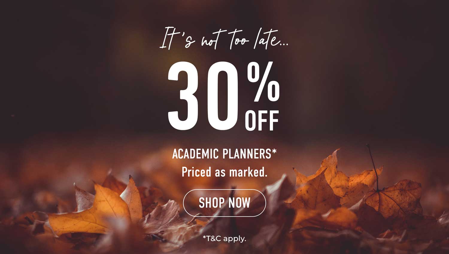 30% Off Academic Planners. Priced as marked. T&C apply.